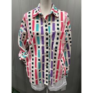 Emily Wonder Geometric Stripe Corduroy Shirt Women Pink Teal Purple Ivory